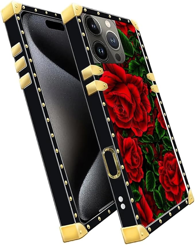 Compatible with iPhone 16 Pro Max Case, Vector Red Rose Green Leaf Luxury Golden Decoration for Girl Women Soft TPU Shockproof Protective Hard PC Back