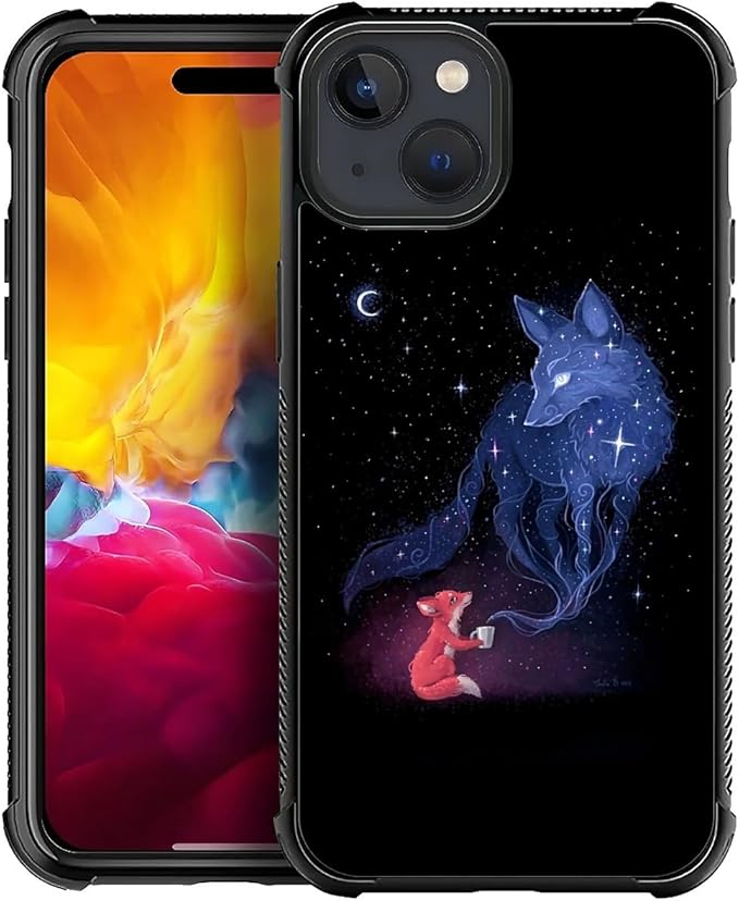 for iPhone 15 Plus Case, Galaxy Fox Wolf Pattern Graphic Design Girl Boy Soft Silicone Hard Acrylic Shock Protection for iPhone 15 Plus