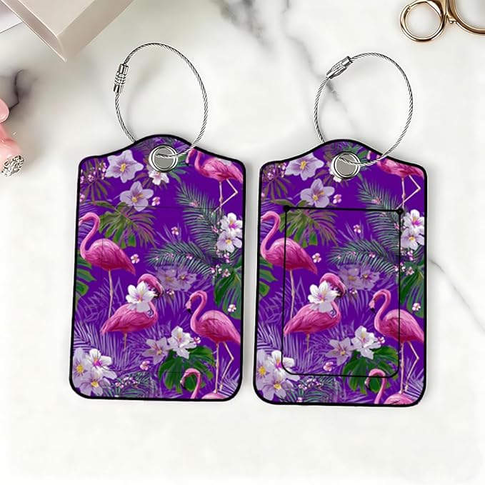 2 Pack Flamingo Luggage Tag 2.83 x 4.53 inch Tropical Pink Bird Purple Background Suitcase ID Label Decorative Travel Accessories Stylish Bag Tag for Women Men