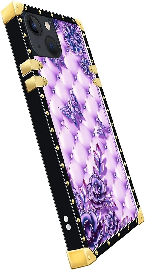 Compatible with iPhone 15 Case, Purple Butterfly Flowers Leaf Luxury Golden Decoration for Girl Women Soft TPU Shockproof Protective Hard PC Back for iPhone 15