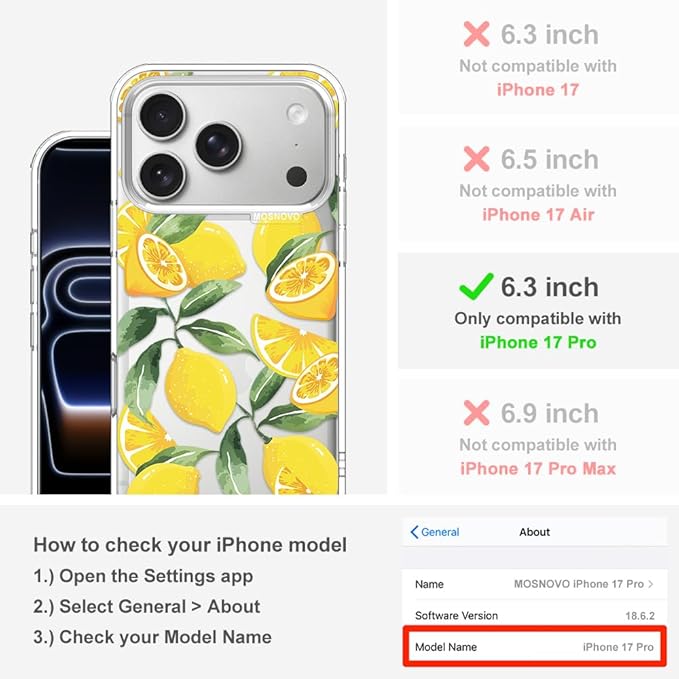 MOSNOVO for iPhone 17 Pro Case | Military Grade 6.6ft Drop Tested | Camera Control | Clear with Lemon Design