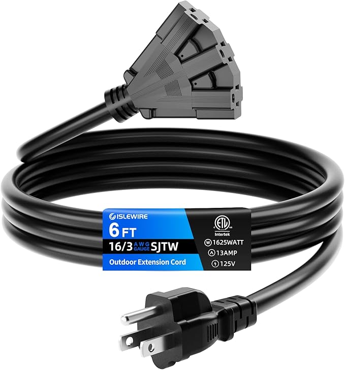 6 FT 3 Outlet Outdoor Extension Cord Waterproof, 16/3 SJTW Black Extension Cord with Multiple Outlets, Heavy Duty 16 Gauge 3-Prong Grounded Power Cable for Garden and Home Use, ETL Listed