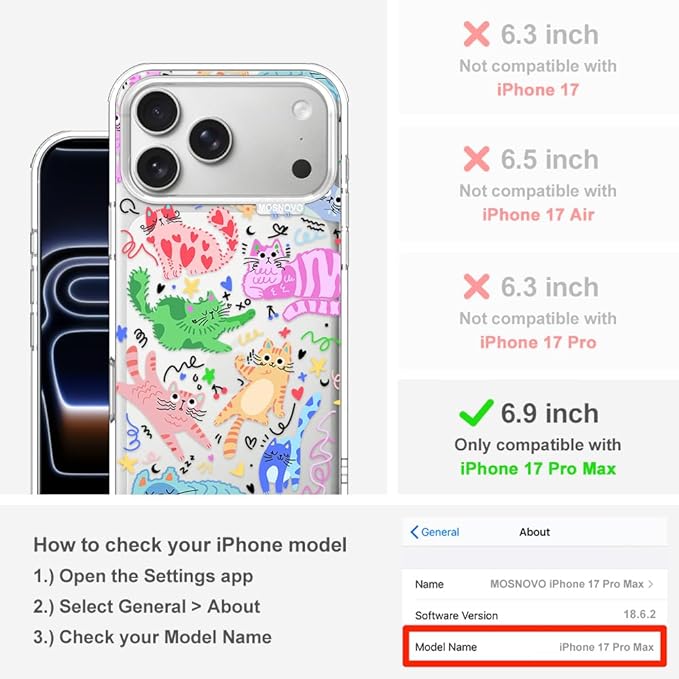 MOSNOVO for iPhone 17 Pro Max Case, Shockproof Military-Grade Protection 6.6ft Drop Tested, Camera Control, Clear Phone Case for iPhone 17 Pro Max, Doodle Cats Design