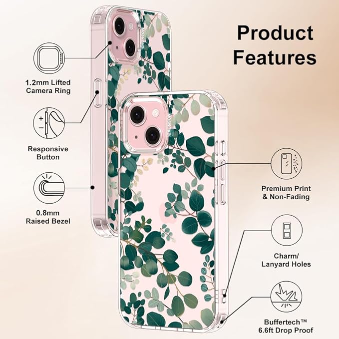 MOSNOVO Case for iPhone 15, [Buffertech 6.6ft Military-Grade Drop Protection] [Anti Peel Off Tech] Clear TPU Bumper Phone Case Cover Design - Eucalyptus