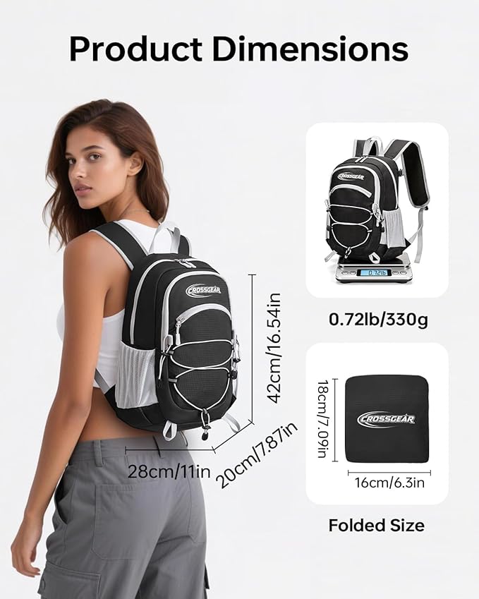 CROSSGEAR 24L Hiking Backpack, Lightweight Foldable Packable Daypack with RFID Pocket, Multi-Pocket, Nylon Small Travel Backpack, Water Resistant for Travel, Camping, Outdoor, Black