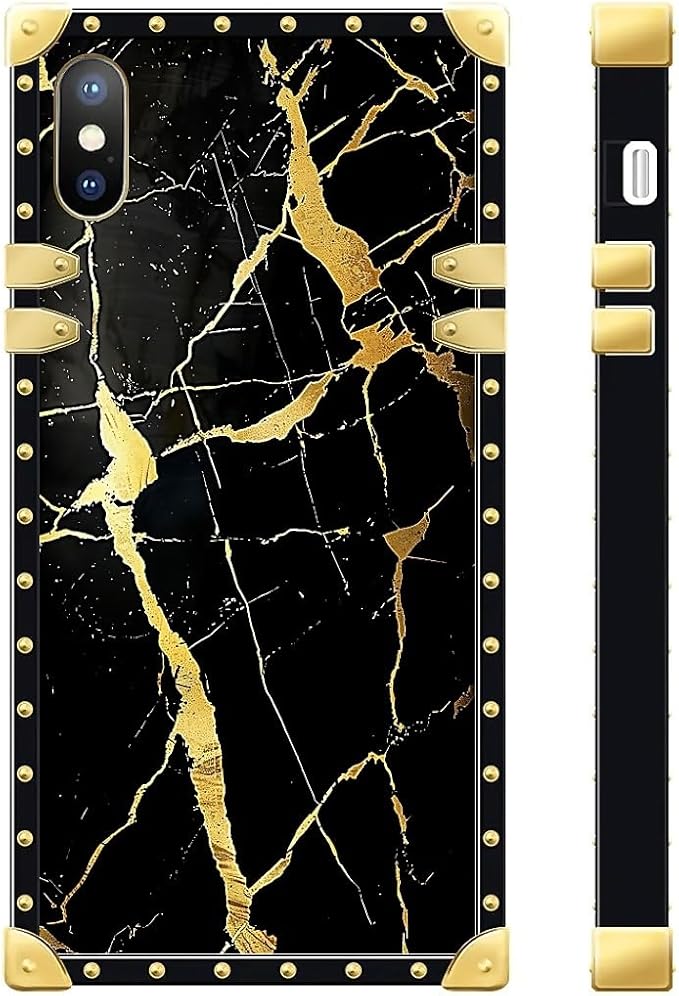 Compatible with iPhone XR Case, Black Gold Marble Nature Luxury Golden Decoration for Girl Women Soft TPU Shockproof Protective Hard PC Back for iPhone XR