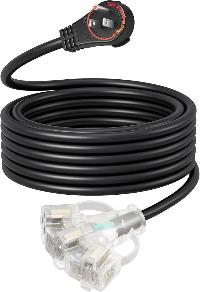 DEWENWILS 360° Rotating Flat Plug Outdoor Extension Cord 25FT, 14/3 SJTW Heavy Duty Power Cable for Indoor/Outdoor, 3 Prong Lighted Triple Outlet with Hook, 125V/15A/1875W, Black, ETL Listed