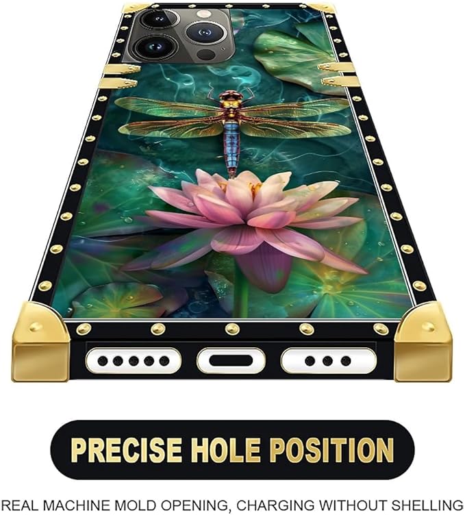 Compatible with iPhone 16 Pro Max Case, Colourful Dragonfly Pink Lily Pads Luxury Golden Decoration for Girl Women Soft TPU Shockproof Protective Hard PC Back