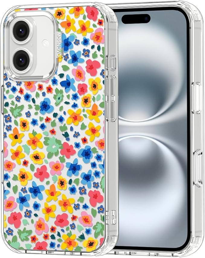 MOSNOVO Case for iPhone 16, [Buffertech 6.6ft Military-Grade Drop Protection] [Anti Peel Off Tech] Clear TPU Bumper Phone Case Cover Design - Little Flowers