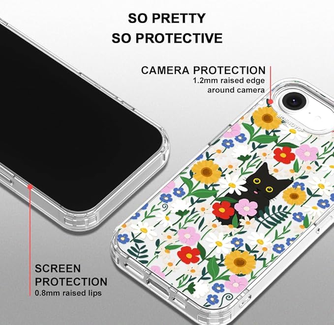 MOSNOVO for iPhone 17e Case/iPhone 16e Case, Shockproof Military-Grade Protection 6.6ft Drop Tested, Clear Phone Case for iPhone 16e / iPhone 17e, Black Cat in Garden Design