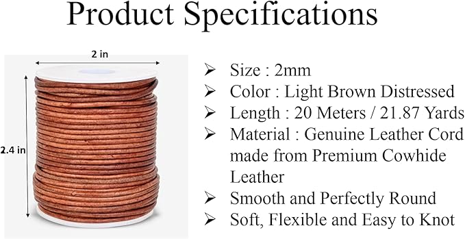 GENIQUE Real/Genuine Round Leather String Cord for Necklace, Bracelets, Jewelry, Kumihimo Braiding, DIY Projects (20 Metres) (2mm, Light Brown Distressed)
