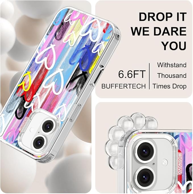 MOSNOVO for iPhone 16 Plus Case, Shockproof Military-Grade Protection 6.6ft Drop Tested, Clear Phone Case for iPhone 16 Plus, Graffiti Hearts Design