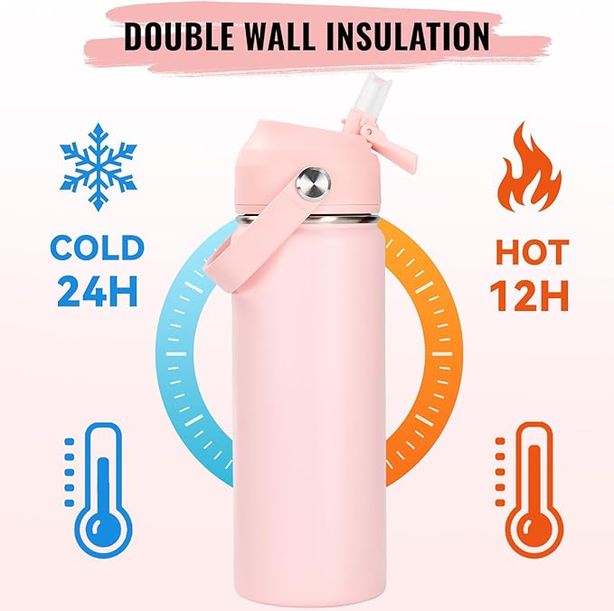 Fijinhom 18oz Insulated Stainless Steel Water Bottle, Wide Mouth Double Wall Vacuum, Silicone Straw, Sweat & Leak Proof, BPA Free Insulated Water Flask for Travel, Keep Cold 24h Hot 12h, Coral Pink