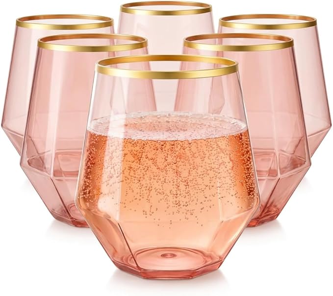 40 count Diamond Unbreakable Stemless Plastic Wine Champagne Whiskey Glasses Elegant Durable Disposable Indoor Outdoor Ideal for Home, Office, Bars, Wedding, 12 Ounce Cups (Diamond Pink Matte Gold)