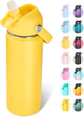 Fijinhom 18oz Insulated Stainless Steel Water Bottle, Wide Mouth Double Wall Vacuum, Silicone Straw, Sweat & Leak Proof, BPA Free Insulated Water Flask for Travel, Keep Cold 24h Hot 12h, Yellow