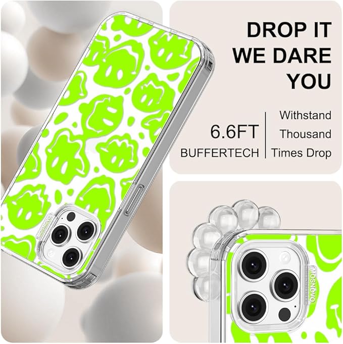 MOSNOVO Case for iPhone 12 & iPhone 12 Pro, [Buffertech 6.6ft Military-Grade Drop Protection] [Anti Peel Off Tech] Clear TPU Bumper Phone Case Cover Design - Distorted Green Smiles Face