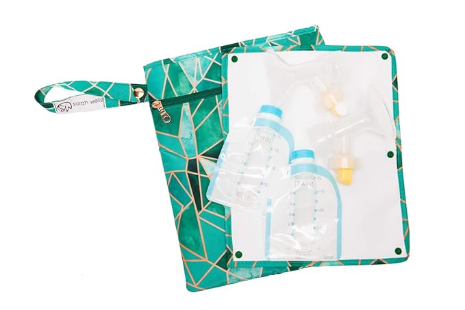 Sarah Wells Pumparoo Wet Dry Bag for Breast Pump Parts – Compact Organizer with Waterproof Pocket, Staging Mat & Fridge Hack – Machine Washable Pumping Accessory (Mosaic)