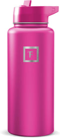 IRON °FLASK Camping & Hiking Hydration Flask with Straw, Wide Mouth Insulated Stainless Steel Sports Water Bottle - Pink Tulip 32 oz - Straw (1 Lid)