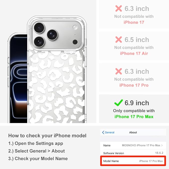 MOSNOVO for iPhone 17 Pro Max Case | Military Grade 6.6ft Drop Tested | Camera Control | Clear with White Leopard Print Design