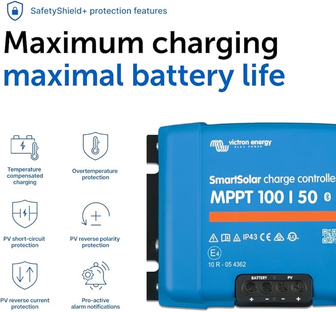 Victron Energy SmartSolar MPPT Solar Charge Controller (Bluetooth) - Charge Controllers for Solar Panels - 100V, 50 amp, 12/24-Volt