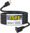 25ft Outdoor Extension Cord for Christmas Decorations - 16/3 Heavy Duty SJTW Waterproof Black Electrical Cable with 3 Prong Grounded Plug for Safety, Great for Lawn and Major Appliances
