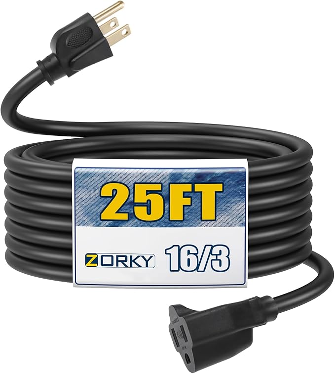 25ft Outdoor Extension Cord for Christmas Decorations - 16/3 Heavy Duty SJTW Waterproof Black Electrical Cable with 3 Prong Grounded Plug for Safety, Great for Lawn and Major Appliances