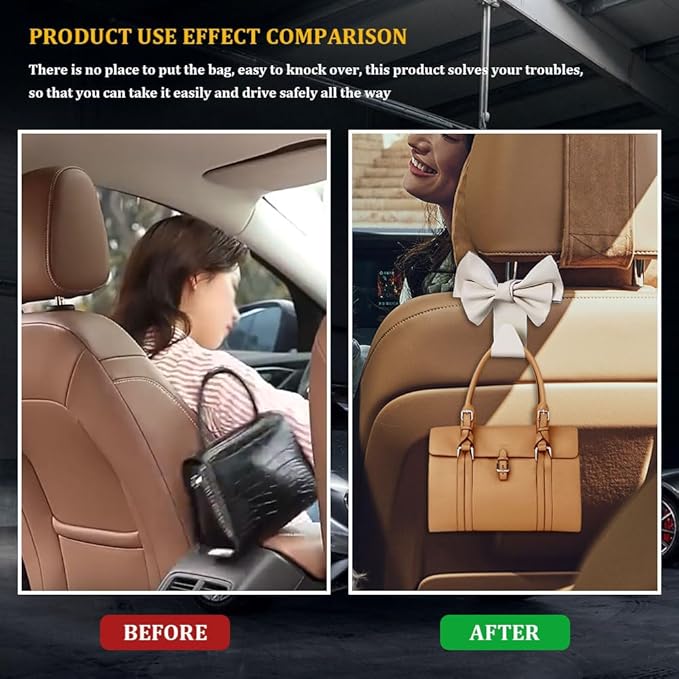 2PCS Car Hooks for Purses and Bags, Cute Bow Car Seat Headrest Hook, Car Accessories Multipurpose Back Seat Hanger Storage Organize Universal for Vehicles (2PCS-White Bowknot)