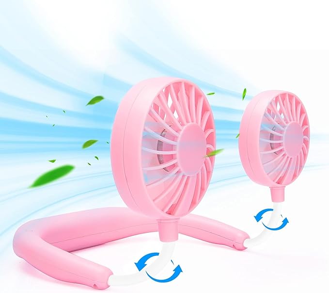 Portable Neck Fan Rechargeable Personal Hand-Free Fan Mini USB Wearable Neckband Sport Fan, 3 Speed Adjustable, 360 Degrees Free Rotation Perfect for Working, Traveling, Office, Reading (Pink)