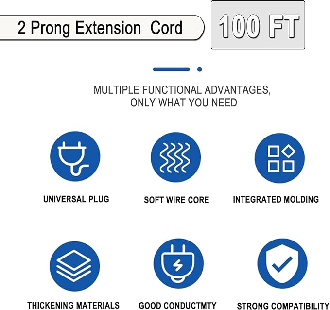 100 FT White Extension Cord,2 Prong Extension Cord 18AWG SPT-2 Flat Cord, Light Duty,Lightweight Design for Yard, Garden and Pool, ETL Listed,White