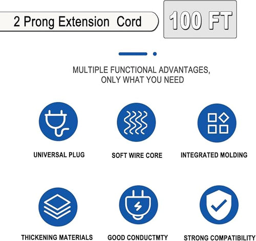 100 FT White Extension Cord,2 Prong Extension Cord 18AWG SPT-2 Flat Cord, Light Duty,Lightweight Design for Yard, Garden and Pool, ETL Listed,White
