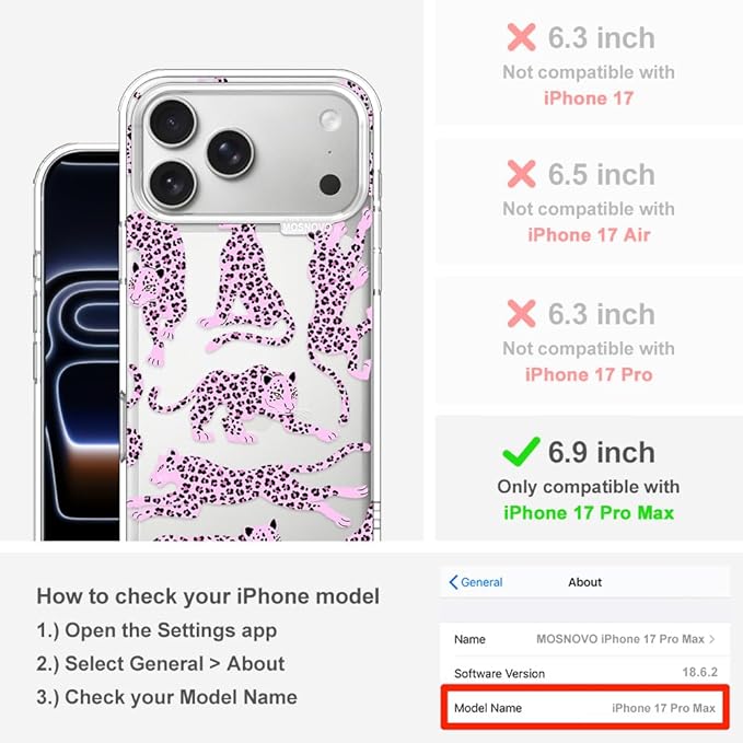 MOSNOVO for iPhone 17 Pro Max Case | Military Grade 6.6ft Drop Tested | Camera Control | Clear with Pink Leopard Design