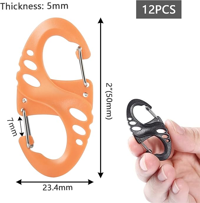12 Pack 2" Carabiner Clip Plastic S Carabiner Clips Paracord Keychain Hooks for Key Chain Backpacks Bags Zipper Clip Accessories