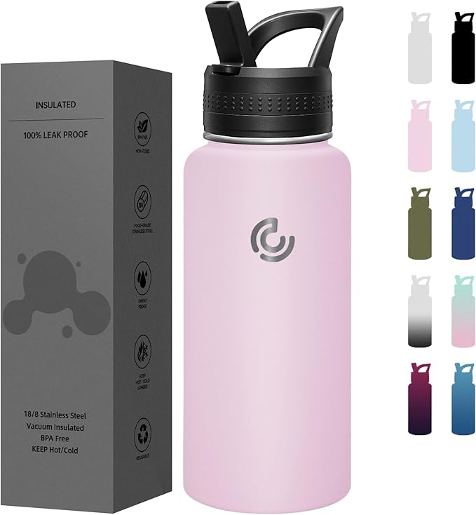 COKTIK 32oz Sports Water Bottle, Stainless Steel Water Bottle for Insulated, Reusable Travel Bottle, With Straw, With Handle Grip for Easy Carrying, Suitable for Cycling, Outdoor Vacations(Blush)