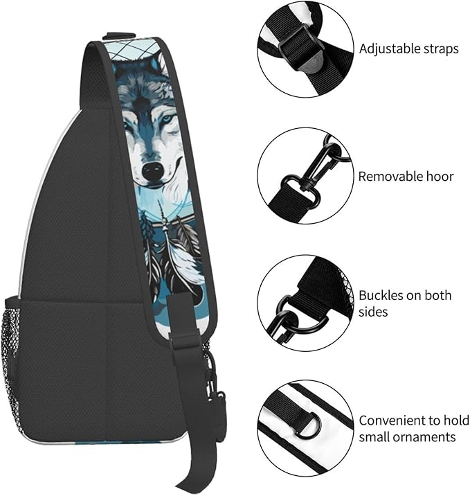 Native Wolf And Deam Catcher Sling Bag For Women Men Fashion Wolf Print Backpack Crossbody Shoulder Bag Sling Backpack Chest Bag Travel Hiking Casual Sport Daypack