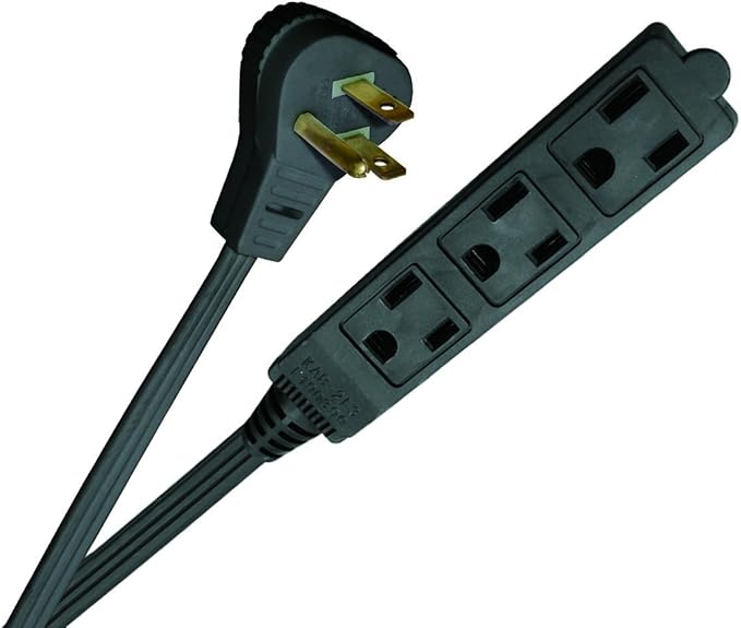 Woods 2243 16/3 Flat Indoor Extension Cord, 8-Foot, 3 Grounded Outlets, Right Angled Plug, Space Saving Design, UL Listed, Black
