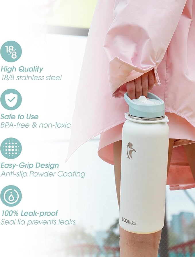Coolflask Water Bottle with Straw, 40 oz Insulated Metal Water Flask with Straw & Spout Lids, Stainless Steel Double Wall Vacuum, Keep Cold 48h Hot 24h, Leak Proof, BPA-Free, Glacier White