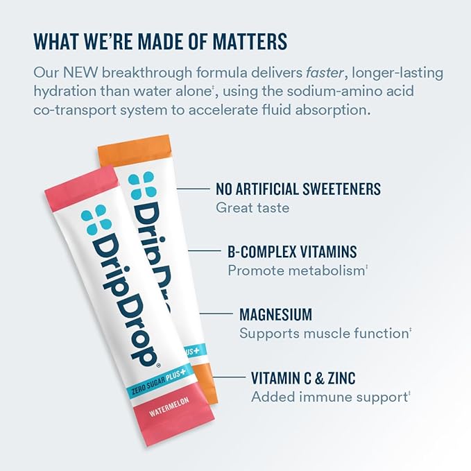 DripDrop Zero Sugar Plus - Sugar Free Hydration Packets- Single Serve Electrolytes Powder Drink Mix - Raspberry Lemonade, Watermelon, Tangerine, Tropical Punch - Non-GMO, Vegan- 16 Sticks