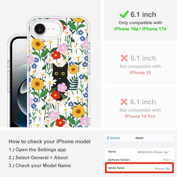 MOSNOVO for iPhone 17e Case/iPhone 16e Case, Shockproof Military-Grade Protection 6.6ft Drop Tested, Clear Phone Case for iPhone 16e / iPhone 17e, Black Cat in Garden Design