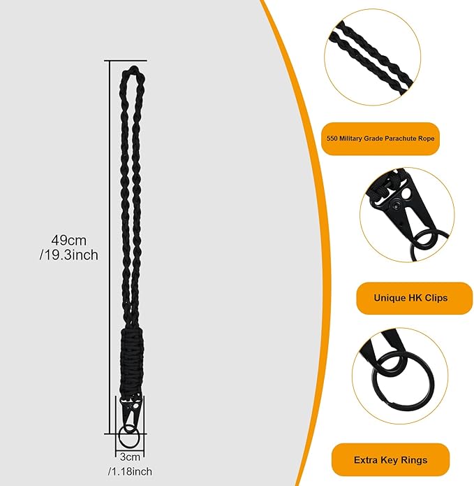 2 Pcs Heavy Duty Braided 550 Paracord Lanyard Keychain Set, Parachute Rope Necklace Keychain with Belt Carabiner Clip for Keys Men Women Hiking, Camping, Outdoor Survival, Camera, Wallet and Whistle