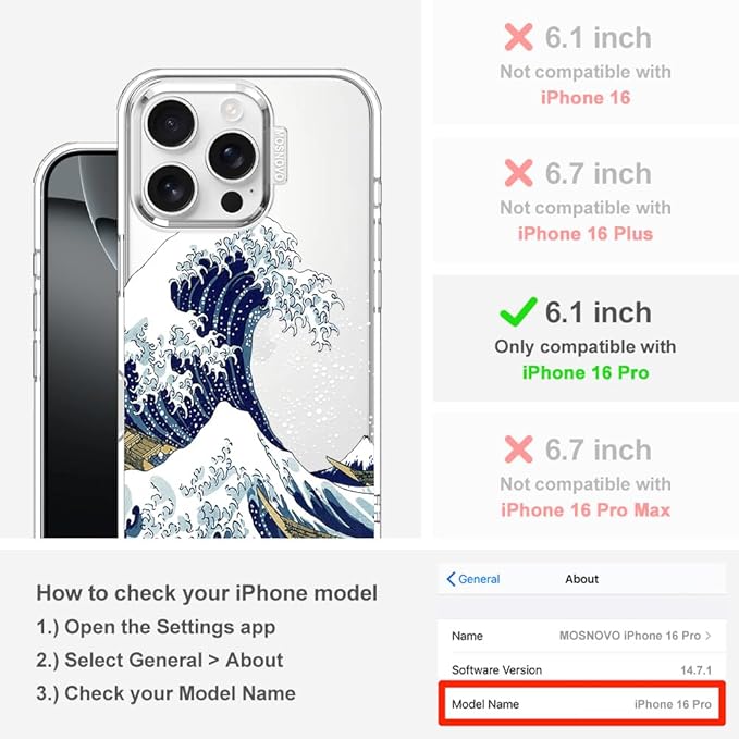 MOSNOVO Case for iPhone 16 Pro, [Buffertech 6.6ft Military-Grade Drop Protection] [Anti Peel Off Tech] Clear TPU Bumper Phone Case Cover Design - Great Wave