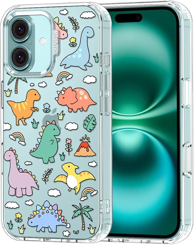 MOSNOVO Case for iPhone 16, [Buffertech 6.6ft Military-Grade Drop Protection] [Anti Peel Off Tech] Clear TPU Bumper Phone Case Cover Design - Dinosaur Land