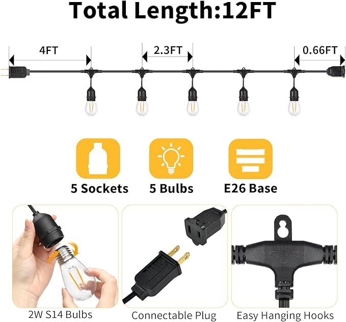 BRIMAX 12FT Outdoor String Lights with 5 LED Bulbs Outdoor Lights Shatterproof Edison Bulb Commercial Grade Waterproof Outside Light 2700K Warm White for Bistro Gazebos Porch Patio Garden