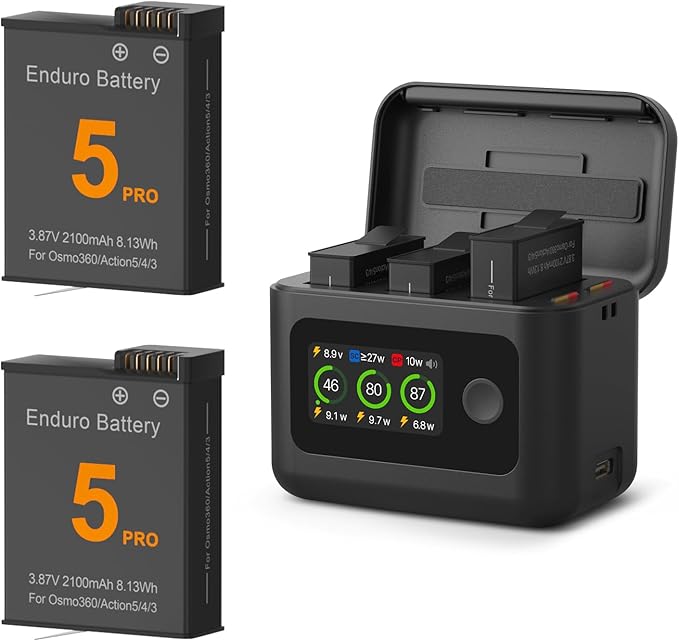 2100mAh Battery and Charger for DJI Osmo 360 / Action 5 Pro/Action 6, Color LCD Intelligent Two Way Charger Hub Triple Slot 27W PD Fast Charging Case for Osmo 360 Action 5 Pro 6 4 3 Accessory