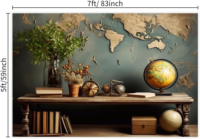 7x5ft Vintage World Map Backdrop Wooden Desk Globe Photography Background Study Room Office Bookcase Books for Video Conference Zoom Meeting Graduation Party Cake Table Banner Photo Booth Props