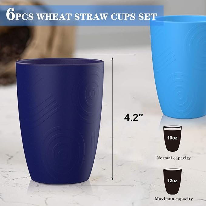 Homienly Cup Sets for Kitchen 12oz Wheat Straw Cups Unbreakable Drinking Cups Set of 6 - Lightweight,Reusable Cups for Kitchen, Outdoor- Blue Sky