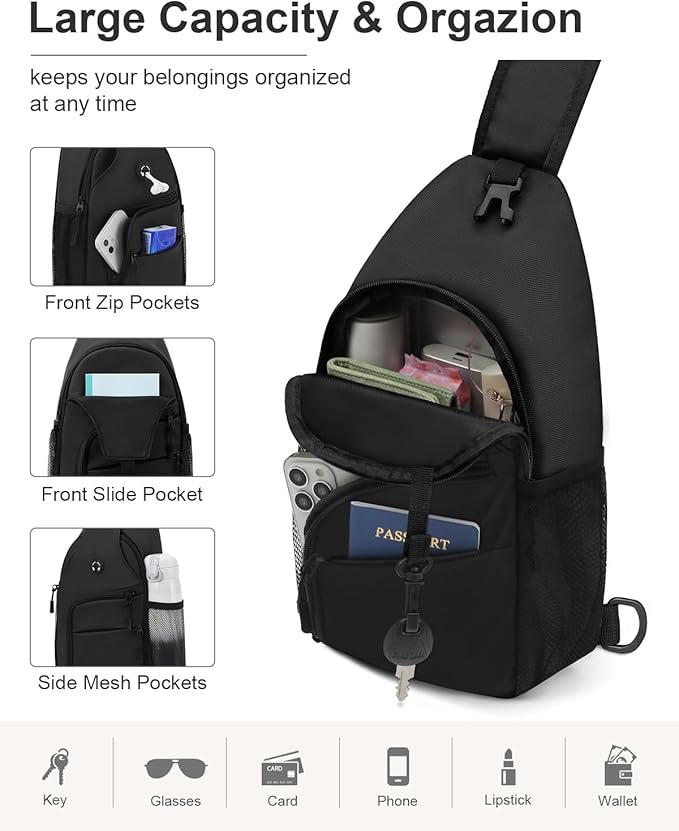 Pritent Crossbody Bags for Women Man Waterproof Sling Bag Backpack Trendy Casual Cross Body Bag with Convertible Shoulder Strap Chest Bag for Camping Hiking Travel Essentials (Coating Black, Medium)