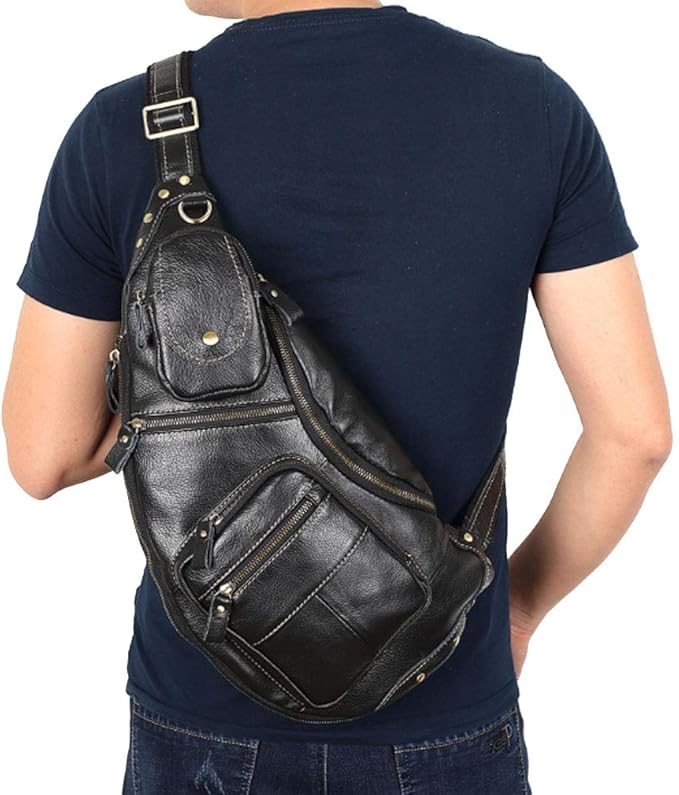 Hebetag Vinatge Leather Sling Bag Crossbody Backpack for Men Travel Outdoor Hiking Large Cool Shoulder Chest Pack Bags Daypack