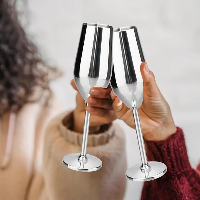 TJ Unbreakable 8 Oz Stainless Steel Champagne Flutes (4 Pack)- Silver Champagne Glasses - Reusable Indoor Outdoor Drinkware - Keeps Drink Cool for Longer - Gift Idea