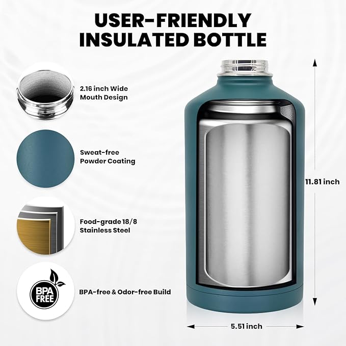 RAYMYLO One Gallon Water Bottle Insulated, Triple Walled Vacuum Stainless Steel (Cold for 48 Hrs), Leak Proof & Non-BPA, Large Water Flask Jug with Paracord Handle & Straw Spout Lids