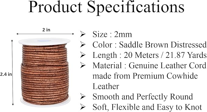 GENIQUE Real/Genuine Round Leather String Cord for Necklace, Bracelets, Jewellery, Braiding (Saddle Brown Distressed, 2mm)